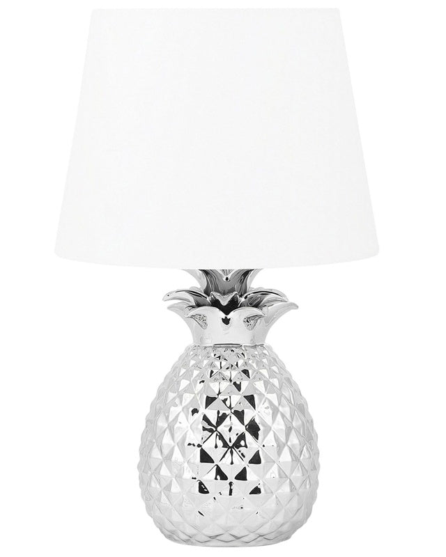 Decorative Table Lamp Silver with White Ceramic Glossy Base Pineapple Shape Polyester Shade Eclectic Design Beliani