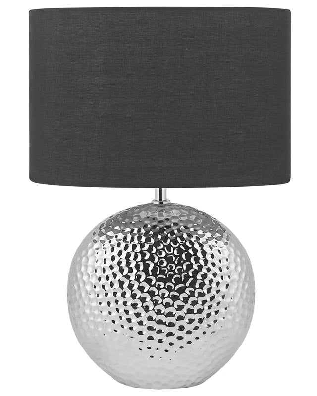 Table Lamp Silver and Black Ceramic Glossy Base Polyester Drum Shade Glamorous Design Beliani