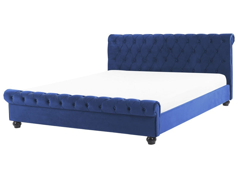 Bed Frame Blue Velvet Upholstery Black Wooden Legs EU Super King Size 6ft Buttoned Glam Beliani