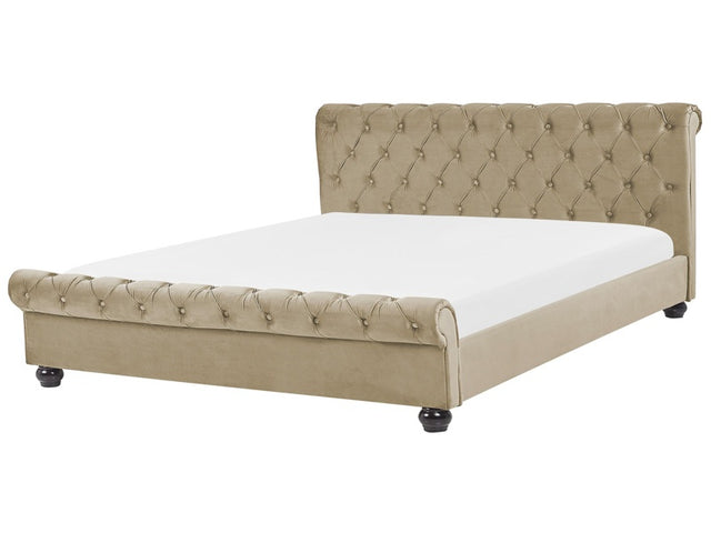 Bed Frame Beige Velvet Upholstery Black Wooden Legs EU Super King Size 6ft Buttoned Glam Beliani