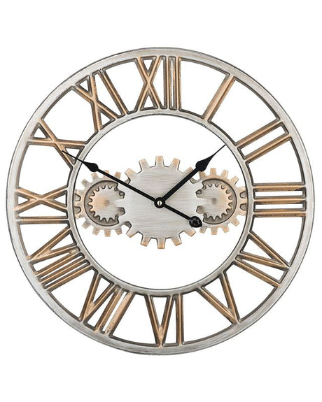 Wall Clock Silver Distressed Iron Frame Industrial Design Gears Roman Numerals Round 46 cm Beliani