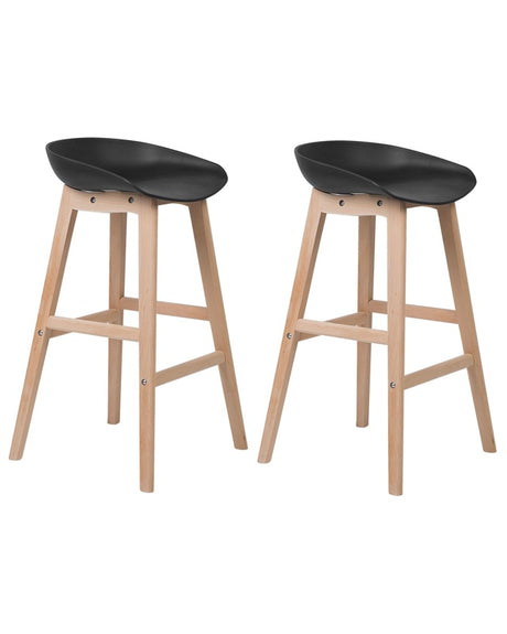 Set of 2 Bar Stools Light Wood and Black Plastic 85 cm Seat Counter Chair Beliani