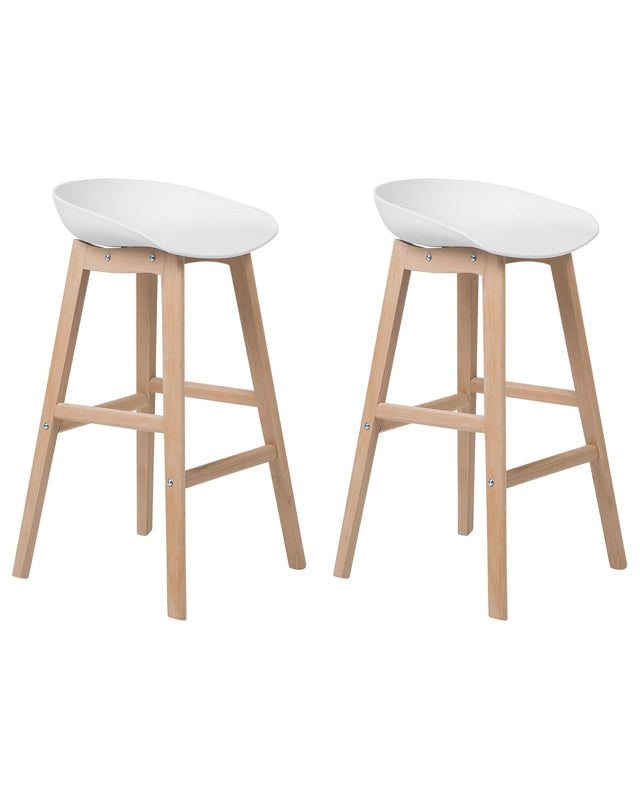 Set of 2 Bar Stools Light Wood and White Plastic 85 cm Seat Counter Chair Beliani