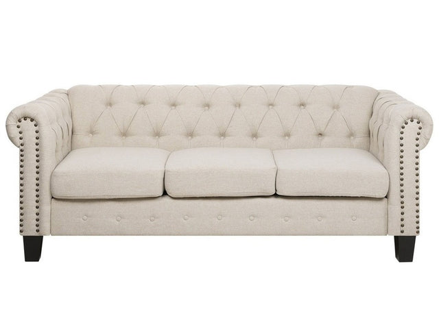 Chesterfield Sofa Beige Fabric Upholstery Dark Wood Legs 3 Seater Nailhead Trim Contemporary Beliani