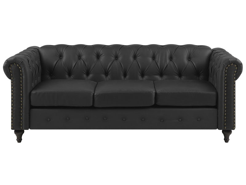 Chesterfield Sofa Black Faux Leather Upholstery Dark Wood Legs 3 Seater Nailhead Trim Contemporary Beliani