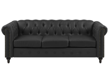 Chesterfield Sofa Black Faux Leather Upholstery Dark Wood Legs 3 Seater Nailhead Trim Contemporary Beliani