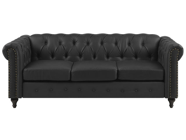 Chesterfield Sofa Black Faux Leather Upholstery Dark Wood Legs 3 Seater Nailhead Trim Contemporary Beliani