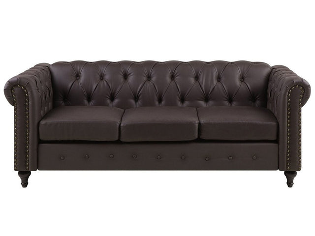 Chesterfield Sofa Brown Faux Leather Upholstery Dark Wood Legs 3 Seater Nailhead Trim Contemporary Beliani