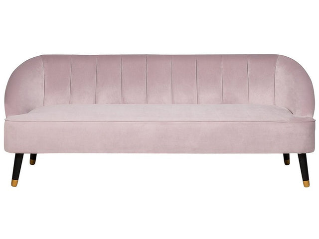 Sofa Pink Velvet 3 Seater Channel Back Recessed Arms Wooden Legs Beliani