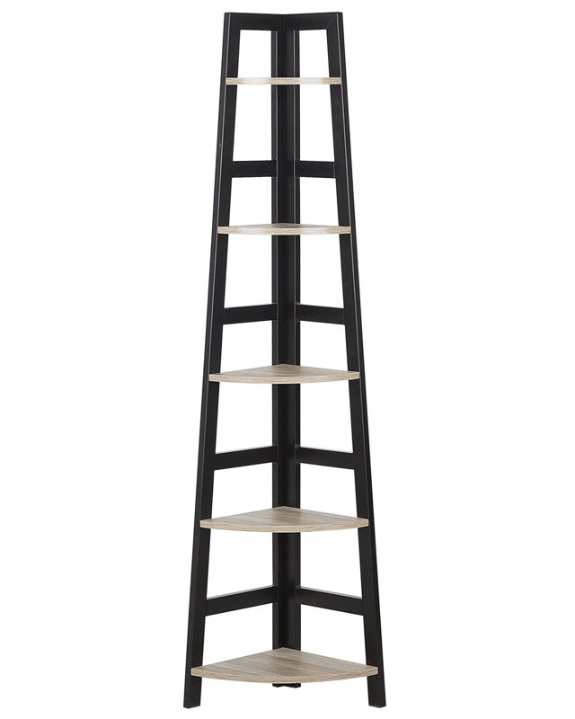 Corner Ladder Shelf Black and Light Wood Effect 163 x 44 cm 5 Tier Rack Bookcase Beliani