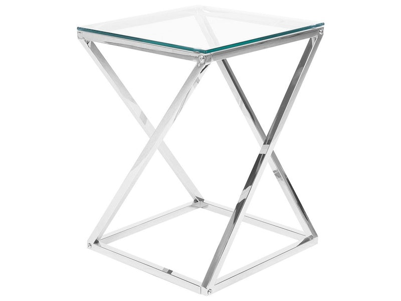 Side Table Silver Steel Frame Glass 40 x 40 cm Square Top Geometric Glam Design Beliani