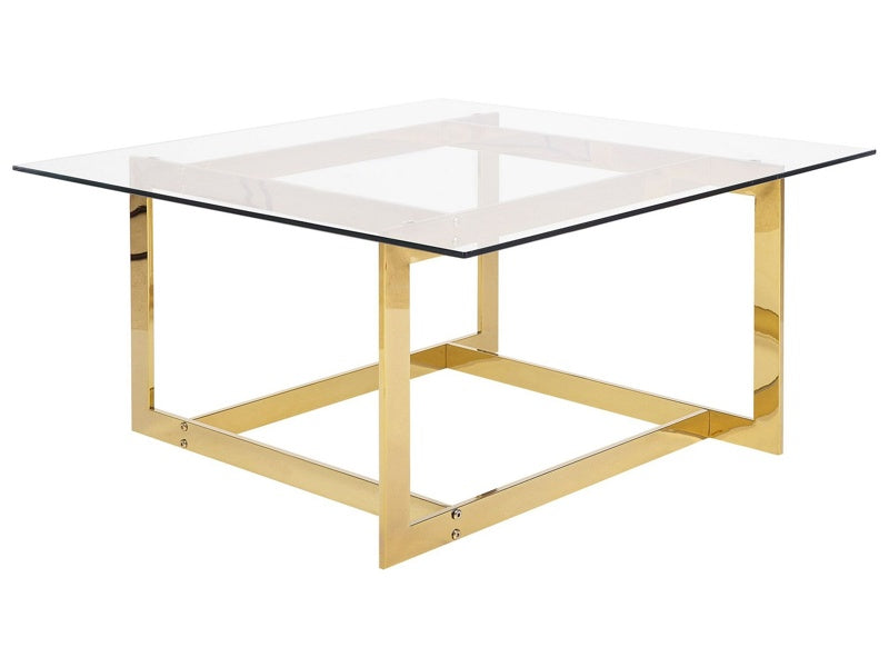 Coffee Table Gold Metal Frame Glass 80 x 80 cm Square Top Geometric Glam Design Beliani