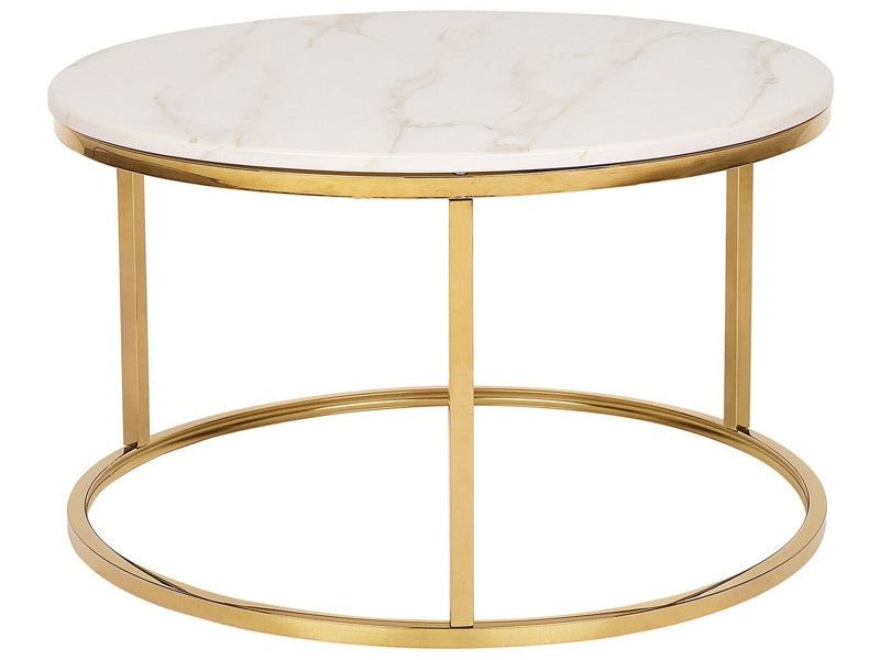 Coffee Table Beige Marble Effect ø 70 cm Round Gold Base Modern Beliani