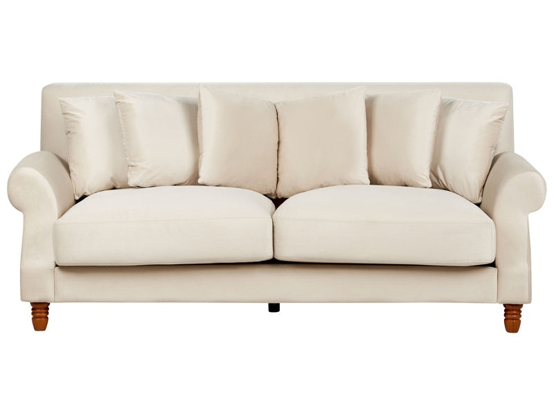 Sofa with 6 Pillows Off-White Velvet Upholstery Light Wood Legs 2 Seater Beliani