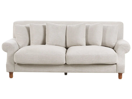 Sofa with 6 Pillows Off-White Fabric Upholstery Light Wood Legs 2 Seater Beliani