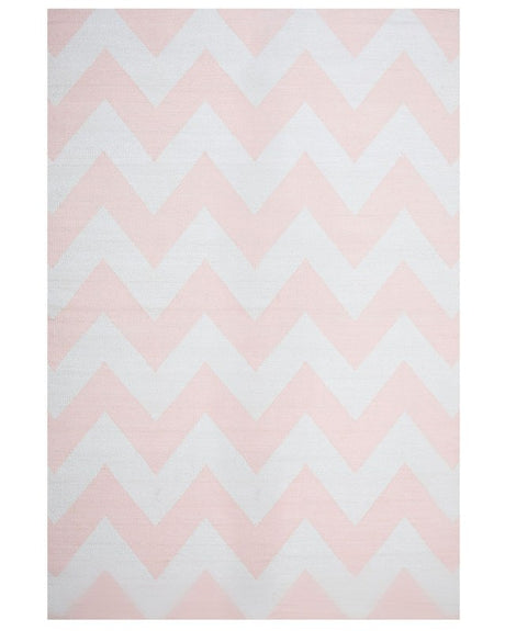 Area Rug Carpet Pink and White Polyester Fabric Chevron Pattern Rectangular 140 x 200 cm Beliani