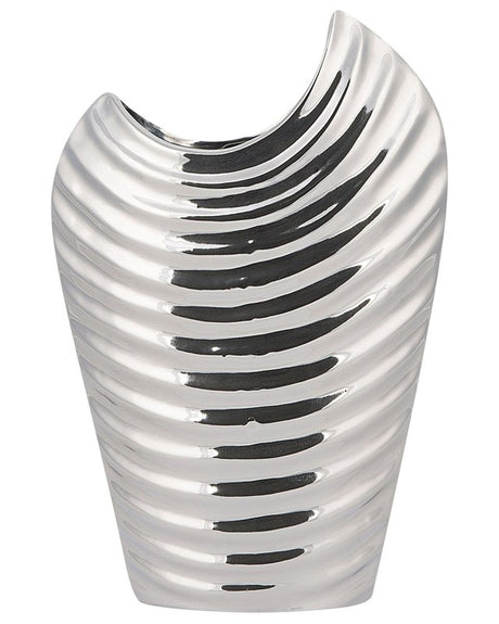 Decorative Flower Vase Silver Stoneware Ribbed Glamour Beliani