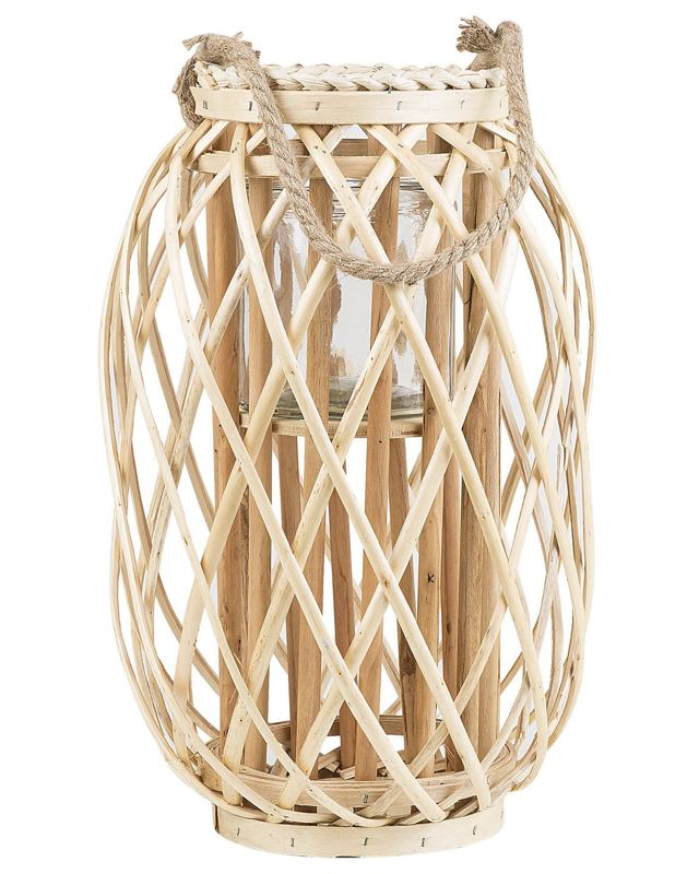 Lantern Light Wood Willow Wood and Glass 40 cm Indoor Outdoor Candle Holder Scandinavian Boho Beliani