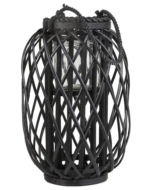 Lantern Black Willow Wood and Glass 40 cm Indoor Outdoor Candle Holder Scandinavian Boho Beliani