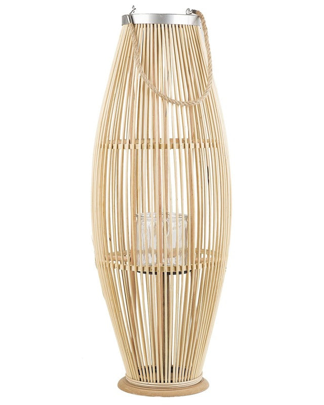 Lantern Light Bamboo Wood and Glass 84 cm Indoor Outdoor Woven Candle Holder Scandinavian Boho Beliani