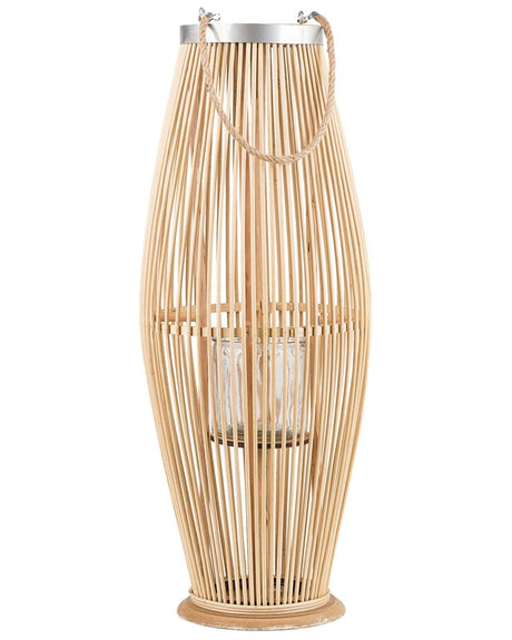 Lantern Light Bamboo Wood and Glass 72 cm Indoor Outdoor Woven Candle Holder Scandinavian Boho Beliani