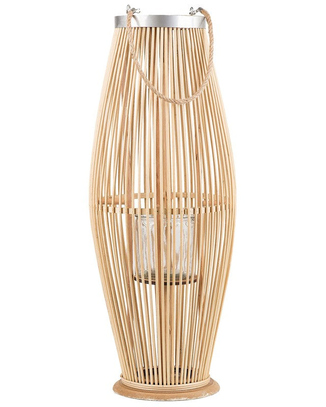 Lantern Light Bamboo Wood and Glass 72 cm Indoor Outdoor Woven Candle Holder Scandinavian Boho Beliani