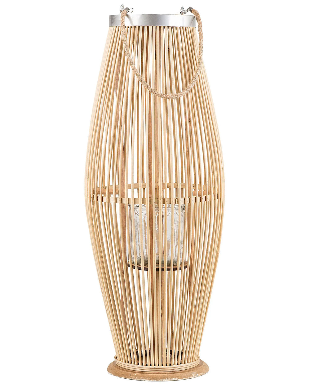 Lantern Light Bamboo Wood and Glass 72 cm Indoor Outdoor Woven Candle Holder Scandinavian Boho Beliani