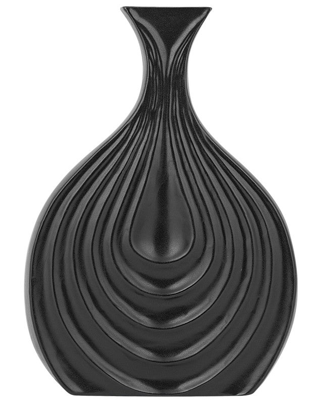 Decorative Table Vase Black Porcelain Carved Surface Irregular Shape 25 cm Beliani