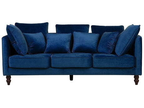 Sofa Blue Velvet Upholstered 3 Seater Cushioned Seat and Back with Wooden Legs Beliani