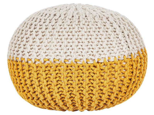 Pouf Ottoman Yellow Beige Knitted Cotton EPS Beads Filling Round Small Footstool 50 x 35 cm  Beliani