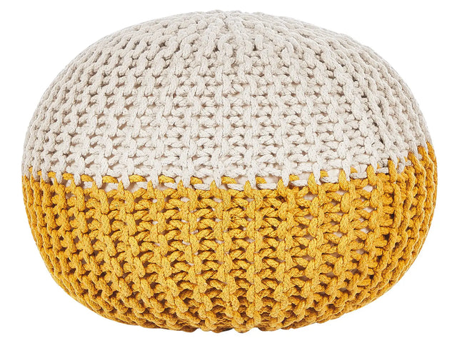 Pouf Ottoman Yellow Beige Knitted Cotton EPS Beads Filling Round Small Footstool 50 x 35 cm  Beliani
