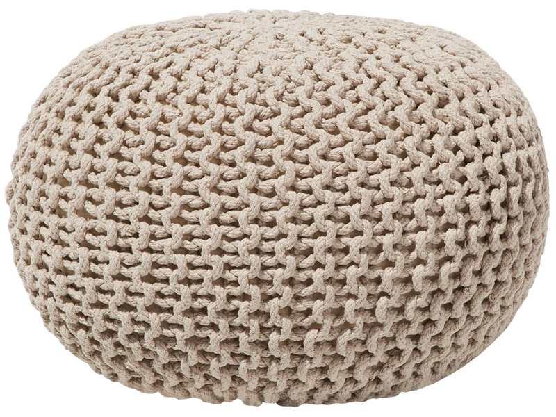 Pouf Ottoman Beige Knitted Cotton EPS Beads Filling Round Small Footstool 50 x 35 cm Beliani