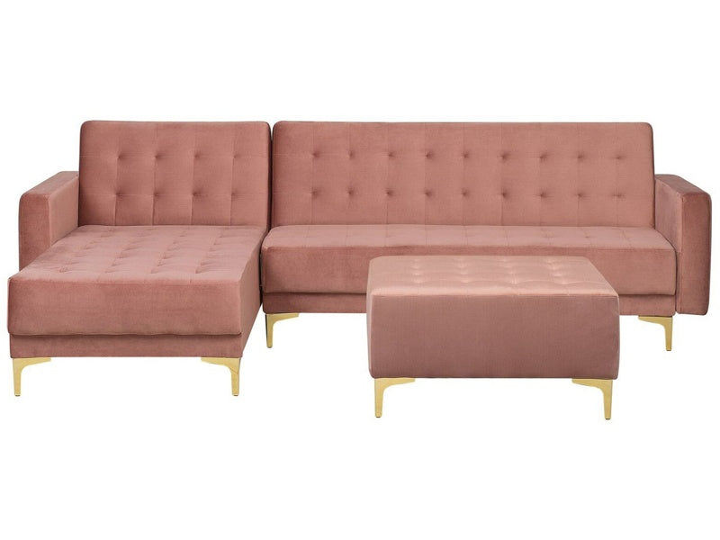 Corner Sofa Bed Pink Velvet Tufted Fabric Modern L-Shaped Modular 4 Seater with Ottoman Right Hand Chaise Longue Beliani