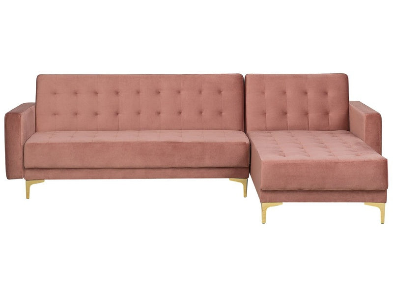 Corner Sofa Bed Pink Velvet Tufted Fabric Modern L-Shaped Modular 4 Seater Right Hand Chaise Longue Beliani