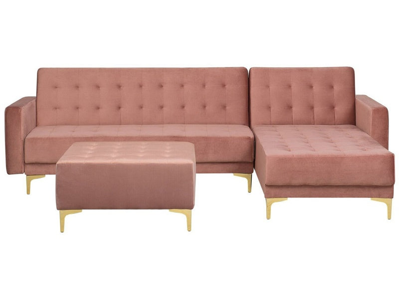 Corner Sofa Bed Pink Velvet Tufted Fabric Modern L-Shaped Modular 4 Seater with Ottoman Left Hand Chaise Longue Beliani