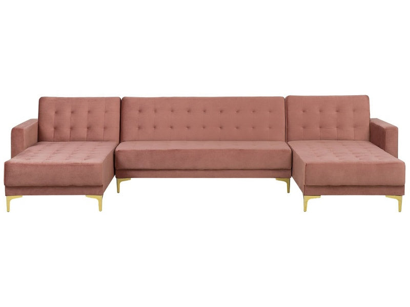 Corner Sofa Bed Pink Velvet Tufted Fabric Modern U-Shaped Modular 5 Seater with Chaise Lounges Beliani