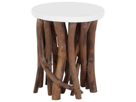 Side Table White Round Top Dark Teak Wood  36 cm Tree Branch Base Modern Rustic Living Room Bedroom Beliani