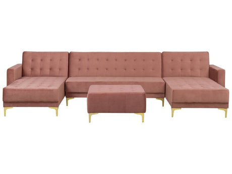 Corner Sofa Bed Pink Velvet Tufted Fabric Modern U-Shaped Modular 5 Seater with Ottoman Chaise Lounges Beliani