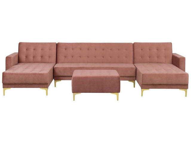 Corner Sofa Bed Pink Velvet Tufted Fabric Modern U-Shaped Modular 5 Seater with Ottoman Chaise Lounges Beliani