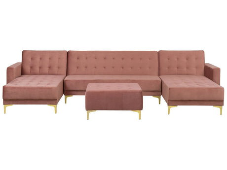 Corner Sofa Bed Pink Velvet Tufted Fabric Modern U-Shaped Modular 5 Seater with Ottoman Chaise Lounges Beliani