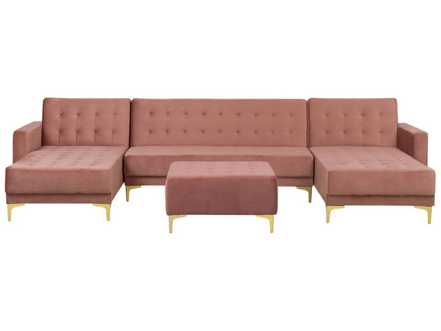 Corner Sofa Bed Pink Velvet Tufted Fabric Modern U-Shaped Modular 5 Seater with Ottoman Chaise Lounges Beliani