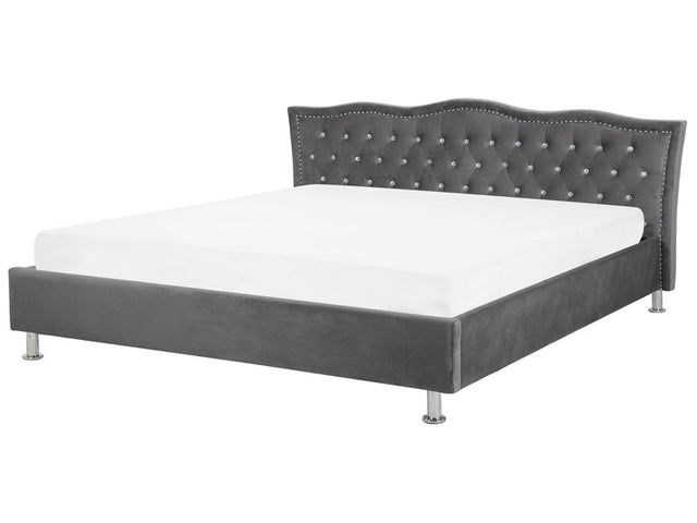 EU Super King Size Bed Dark Grey Velvet 6ft Upholstered Frame Nailhead Trim Crystal Buttons Headrest Beliani