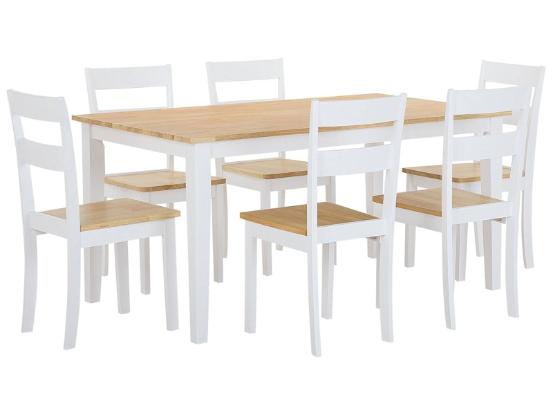 Dining Set White Solid Wood Light Wood Top 6 Seater 150 x 90 cm Modern Scandinavian Beliani