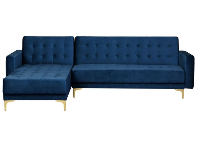 Corner Sofa Bed Navy Blue Velvet Tufted Fabric Modern L-Shaped Modular 4 Seater Right Hand Chaise Longue Beliani