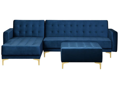 Corner Sofa Bed Navy Blue Velvet Tufted Fabric Modern L-Shaped Modular 4 Seater with Ottoman Right Hand Chaise Longue Beliani