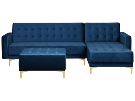 Corner Sofa Bed Navy Blue Velvet Tufted Fabric Modern L-Shaped Modular 4 Seater with Ottoman Left Hand Chaise Longue Beliani