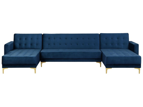 Corner Sofa Bed Navy Blue Velvet Tufted Fabric Modern U-Shaped Modular 5 Seater with Chaise Lounges Beliani