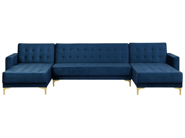 Corner Sofa Bed Navy Blue Velvet Tufted Fabric Modern U-Shaped Modular 5 Seater with Chaise Lounges Beliani