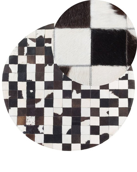 Round Rug Black and White Leather ø 140 cm Patchwork Hand Crafted Beliani