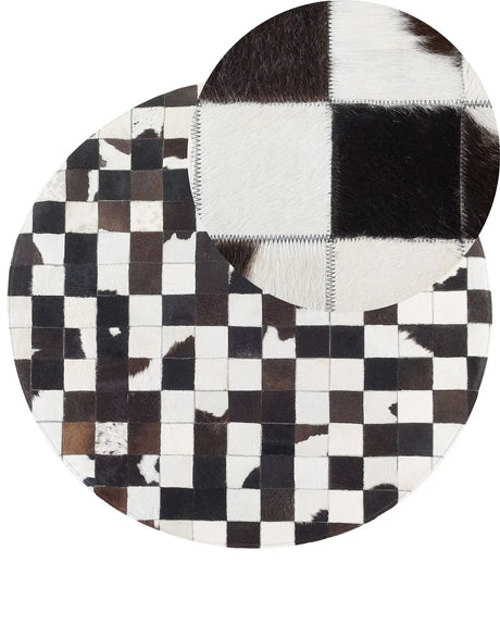 Round Rug Black and White Leather  140 cm Patchwork Hand Crafted Beliani